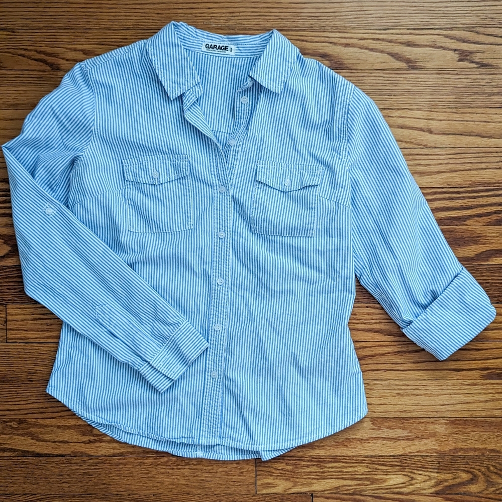 Garage Blue and White Soft Cotton Fitted Button Up Long Sleeve Collared Shirt - Picture 7 of 9